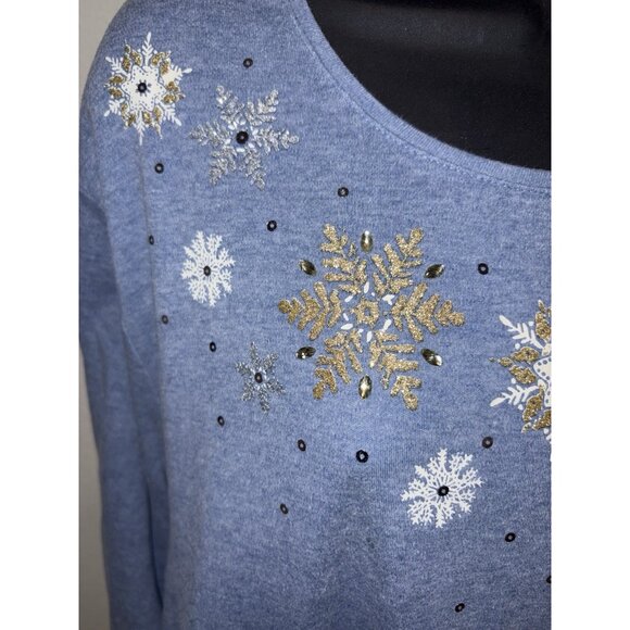 Croft & Barrow Womens Plus Size 3X Top Long Sleeve Winter Snowflake Accents Blue - Picture 2 of 8